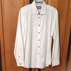 Elegant White Dress Shirt with Blue Buttons